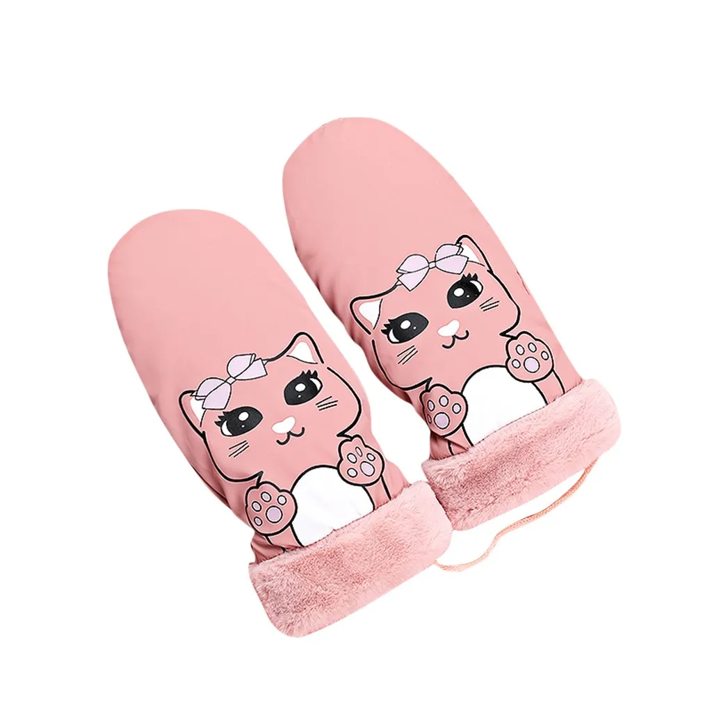 pink Зимние уличные перчатки для мальчиков и девочек, теплые варежки на полный палец, детские варежки на веревке, милые Мультяшные повязки на шею# DZ - Цвет: pink