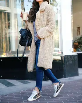 

2019 Winter Warm Women Ladies Lapel Teddy Bear Coat Long Sleeve Faux Fur Fleece Jacket Overcoat Long Parka Blends UK