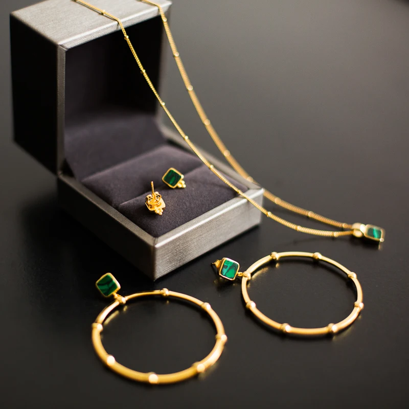 Высокое качество изысканный золотой тон Малахит большой круг серьги+ ожерелье+ серьги-гвоздики наборы ювелирных изделий для женщин