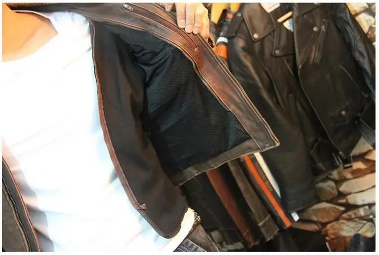 Новинка, винтажная коричневая Мужская Байкерская кожаная куртка из натуральной толстой воловьей кожи, облегающая Кожаная Мотоциклетная зимняя куртка, S-XXXL