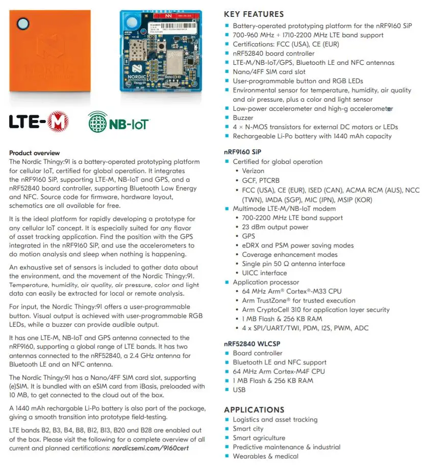 1 шт. x nRF6943 вещь: 91 инструмент разработки с nRF9160 и nRF52840