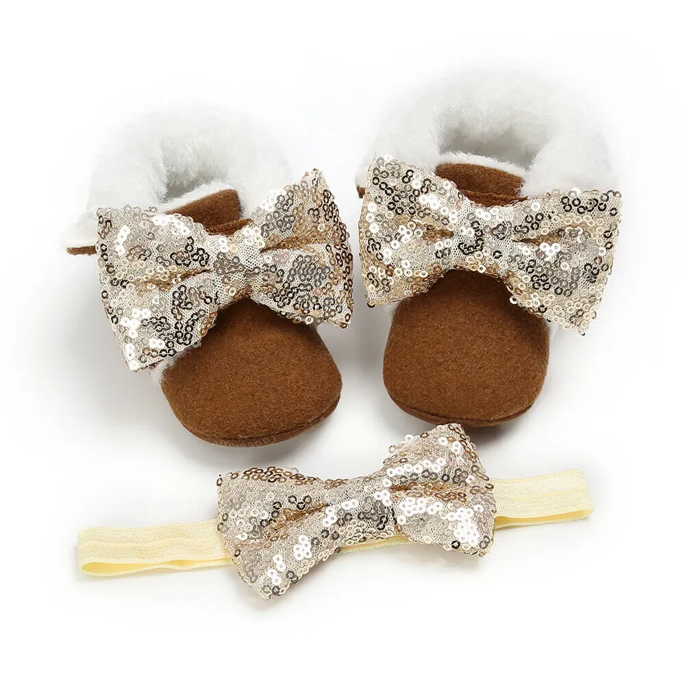 Коричневый Newborn 2pcs Girl Boys Crib Cute Shoes Warm Toddler Sequined Bowknot Soft Sole Boots Baby Shoes+Headband - Цвет: Коричневый