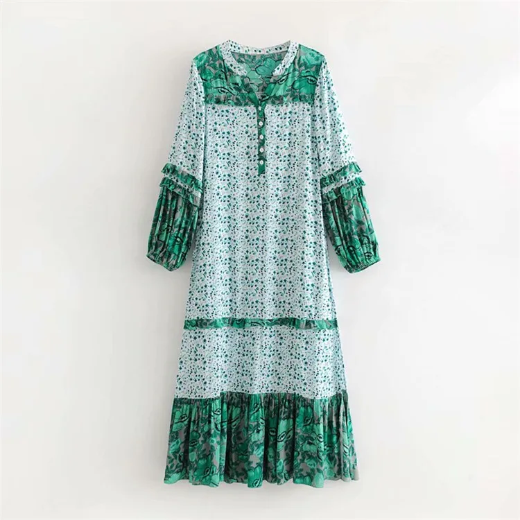 

2018 Europe And America Summer New Style WOMEN'S Dress Loose-Fit Slimming Floral Frilled Lantern Sleeve Side Slit Dress