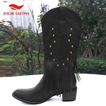 

2020 Big Size 43 Gypsy Style Fringes Slip On Women Shoes Woman Square Heels Western Boots