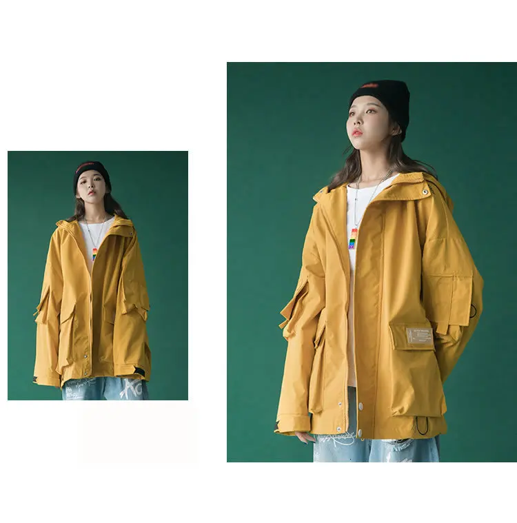Tide Plus Size Jacket Patchwork Letter Pocket Safari Style Vintage Hooded Collar Full Sleeve Personality Coat Top D598