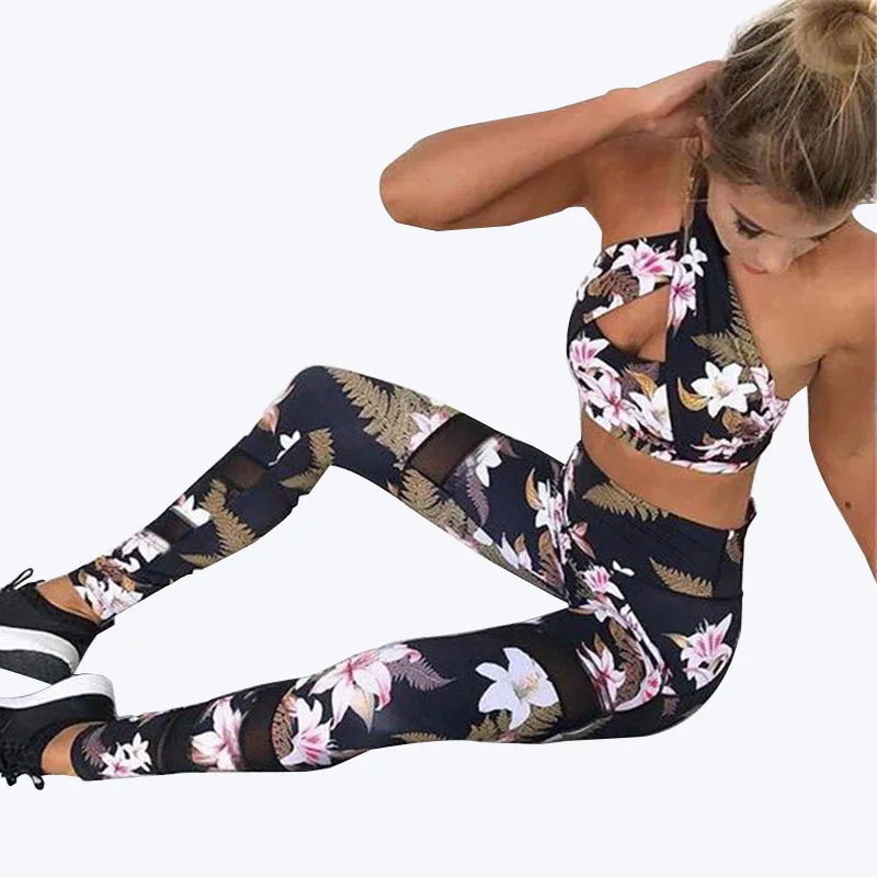 

Fashion Flowers Print Women Suit Polyester Sexy Crop Short Tops High Waist Mesh Patchwork Yoga Two Piece Girl Sets