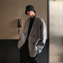 Осенняя однотонная повседневная одежда в Корейском стиле мужская клетчатая свободная деловая куртка