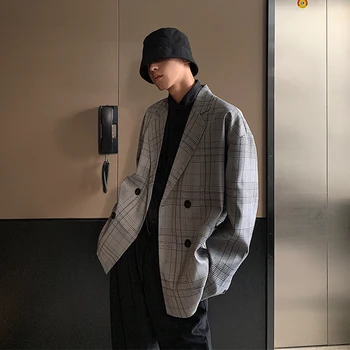 

2019 Autumn Solid Color Casual Clothing Single Korean Trend Ins Men's Plaid Loose Business Suit Jacket