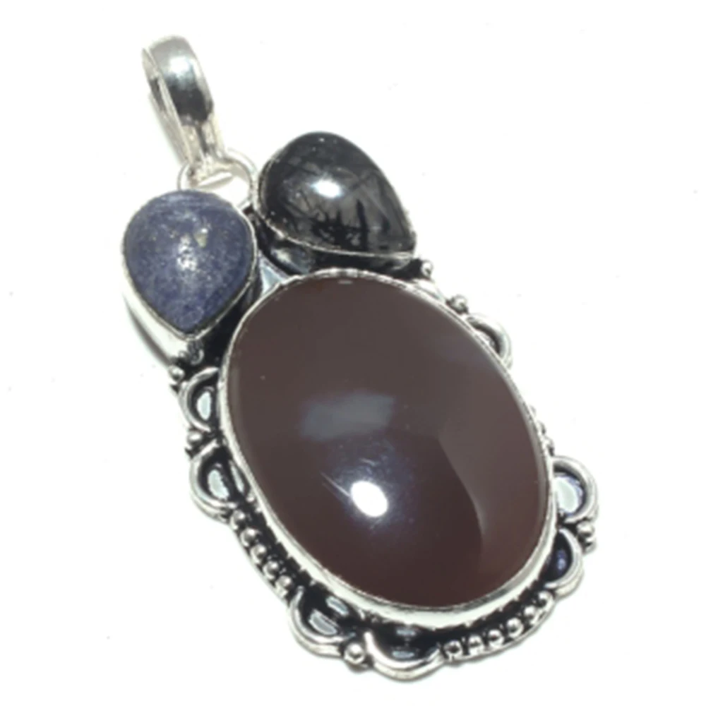 

Genuine Agate + Rutile Pendant Silver Overlay over Copper , Hand Made Women Jewelry Gift