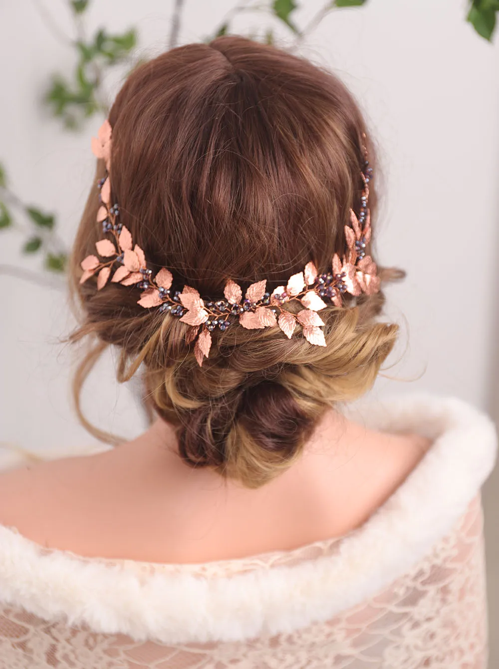 Vintage Rose Gold Leaves Purple Crystal Chic Hair Accessories Headband Bride Headwear Bridesmaid gift Elegant women