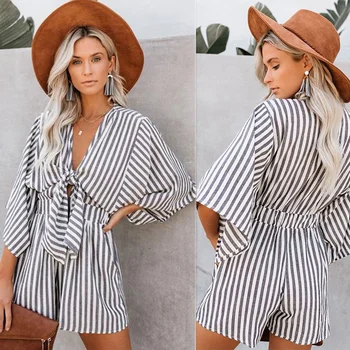 

Women Striped Shorts Jumpsuit Female Summer Short Sleeve Rompers Casual Jumpsuit V-Neck Onesies