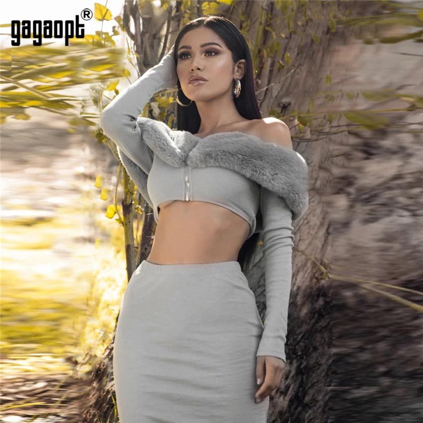 Gagaopt, осенне-зимнее женское платье, комплект из 2 предметов, Сексуальные вечерние платья с длинным рукавом, вязаное платье, дамские наряды, платья