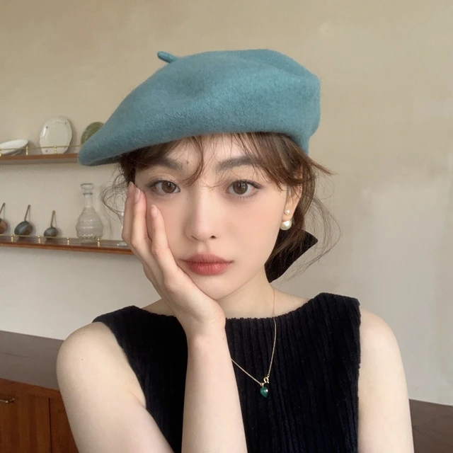 Luna&Dolphin Women 90%Wool Mushroom Rimi Blue Berets Autumn Winter Deep Eaves Knitting Artist Cap Painter Beanie Hat Sweet Color rimi blue
