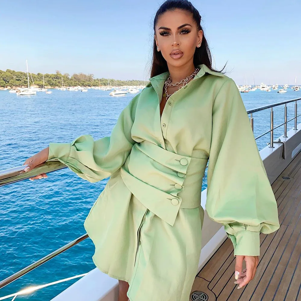 

Elegant V Neck Shirt Dress Women Green Long Sleeve Party Dress Slim High Waist Button Up Dresses 2019 Autumn Dress Vestidos