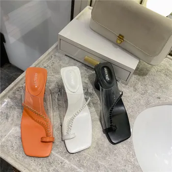 

Shoes Slippers Casual Square heel Transparent Heel Slipers Women Slides Med Rubber Flip Flops Luxury Block Summer 2020 Hawaiian