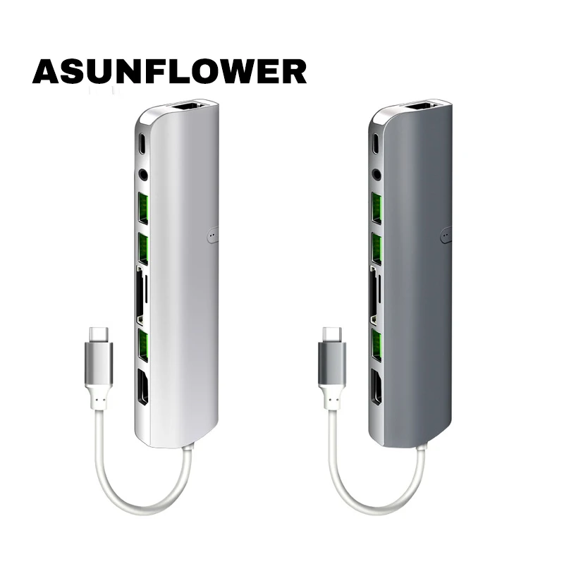 Asunflower USB C концентратор Тип C до 4K HDMI гигабит RJ45 с 3,5 мм портом для наушников мульти USB 3,0 порт TF SD слот для карт несколько usb-хаб