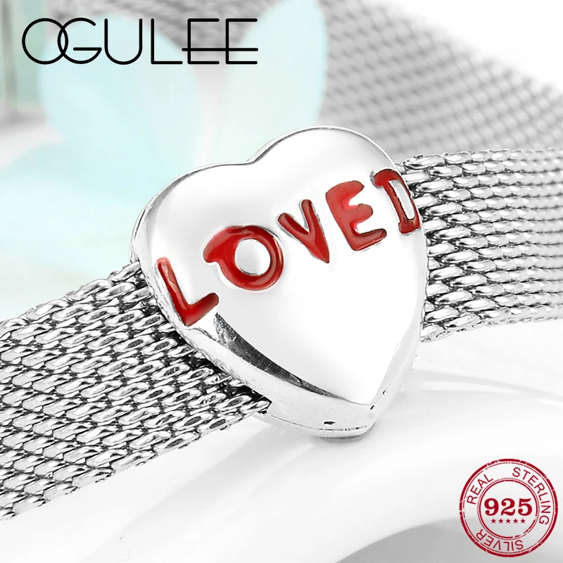 

New 925 Sterling Silver Red Enamel Letter Love Heart Clip Beads fit Reflection Charm Watch Bracelets Women Jewelry Making