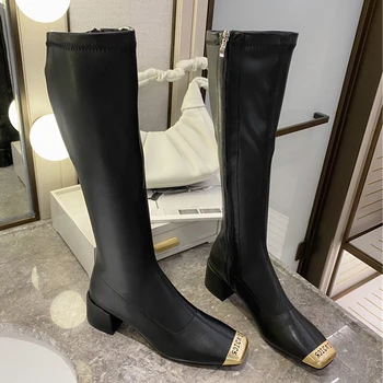 

Winter 2020 Luxury Women Designer Knee High Boots Black Block High Heels Yarn Elastic Pleaser Long Thigh High Boots Party Shoes