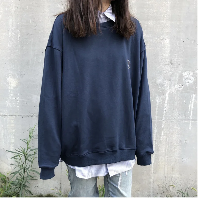 Spring And Autumn New Japanese Retro Cotton Loose Embroidery Print Sweatshirt Fashion Casual Pullover Gray Blue / Green