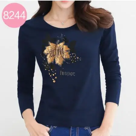 picture color Футболка Vetement Femme одежда футболки женские Стразы с длинным рукавом весенние топы женские Алмазные футболки - Цвет: picture color