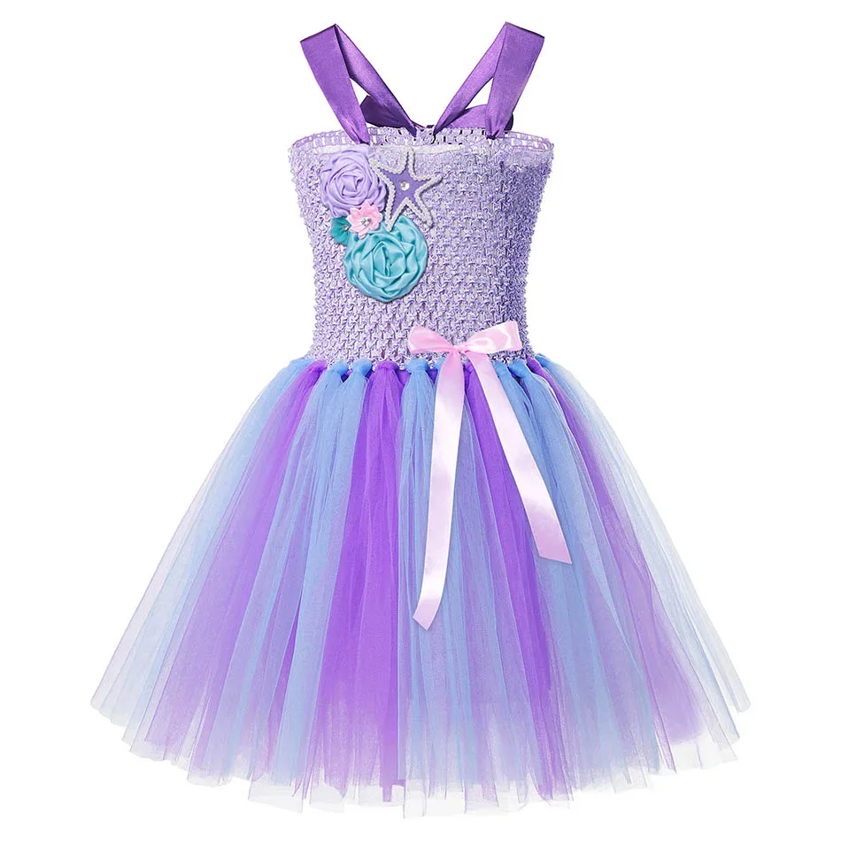 

Crochet Strap Mermaid Dress for Girls Cosplay Costume Kids Mini Purple Gowns Children Halloween Party Princess Ariel Dress Tutu