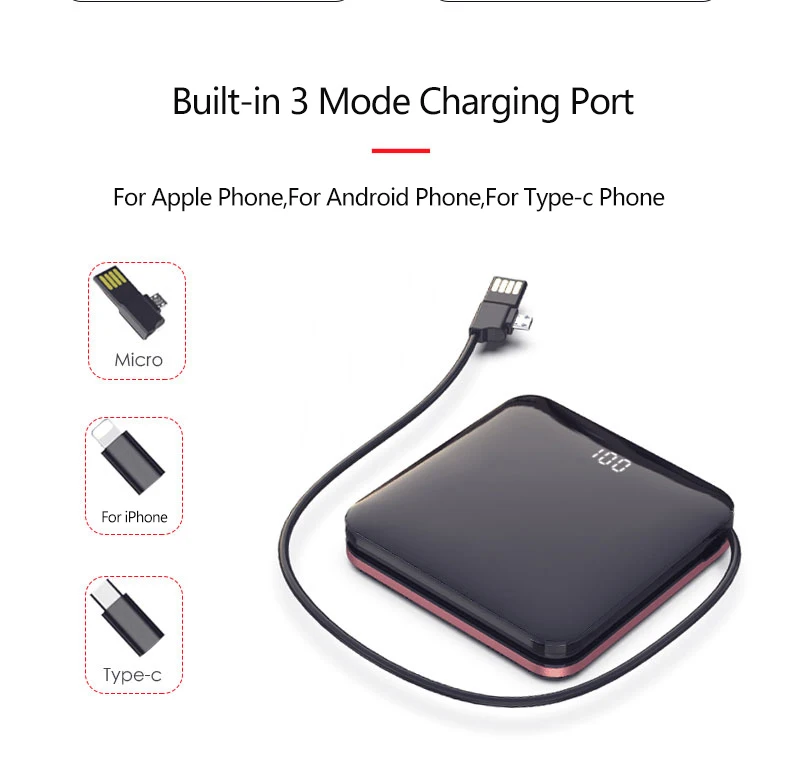 8000Mah мини-панель солнечных батарей Мощность банк встроенный 3In1Cable Беспроводной Портативный Зарядное устройство ультра-тонкое зеркало Экран внешний Батарея повербанк