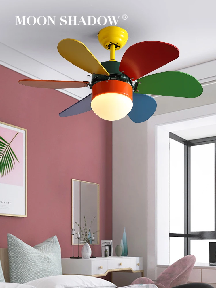 MOONSHADOW Ceiling Fan Light Children's Room Creative Colorful Fan Light Remote Modern Simple Mini Bedroom Fan Lamp 220V