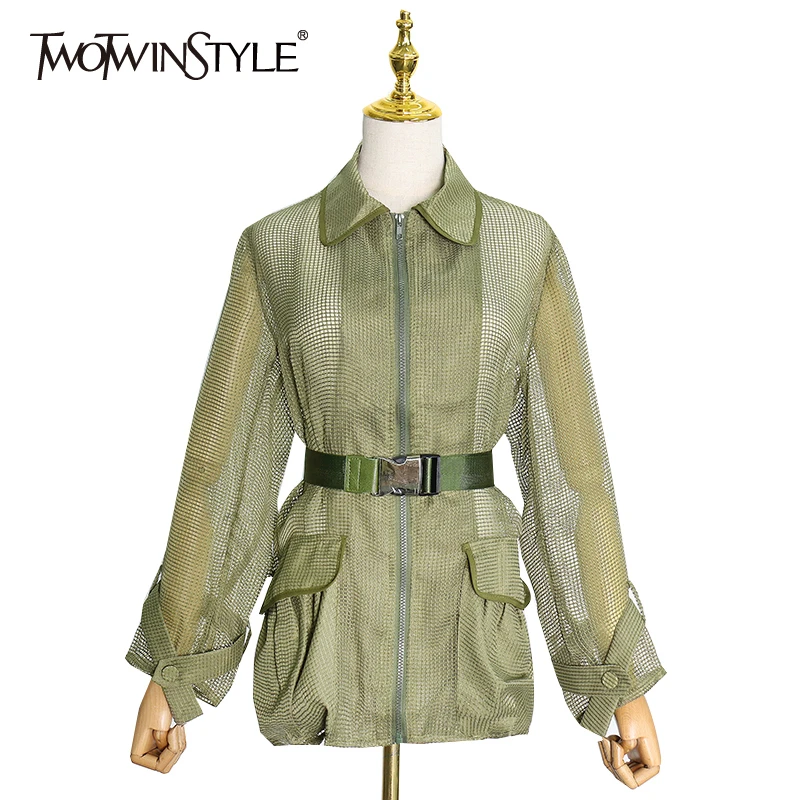 Best  TWOTWINSTYLE Hollow Out Solid Jacket For Women Lapel Collar Long Sleeve High Waist With Sashes Coat