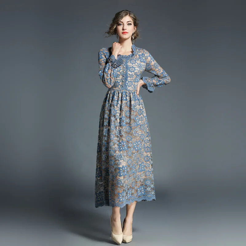 

Ozhouzhan WOMEN'S Dress Elegant Elegant Lace Crew Neck Hollow out A- line Fashion Base Dress Autumn And Winter