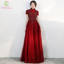 SSYFashion Новые Вечерние платья невесты роскошные бордовые с высоким вырезом Аппликации Короткие рукава, с бисером вечерние платья De Noche