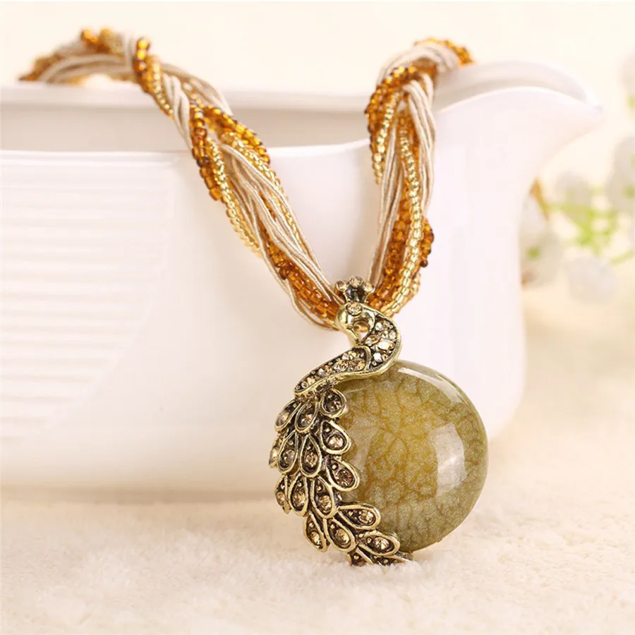 Bohemian Ethnic Jewelry Pendant Necklace Natural Stone Beads Peacock Phoenix Gem Short Item Chain Lady Girl Gift Y20 | Украшения и