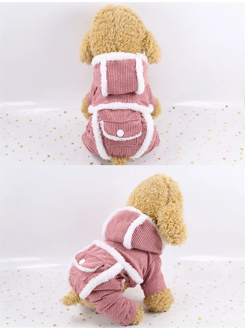 Winter Pet Dog Clothes Jumpsuit Double Warm Thick Soft Fleece Four-legs Hoodie Small and Medium Dog Teddy Chihuahua Cotton Coat