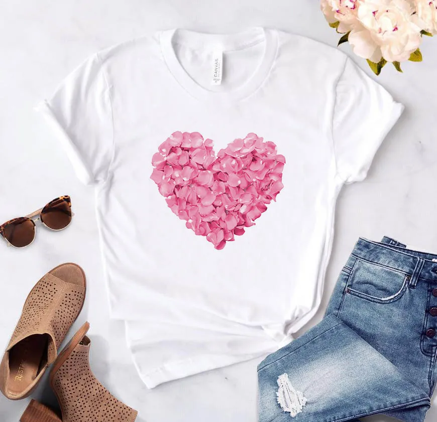 Розовая Женская футболка с цветочным принтом в виде сердца, хлопковая Повседневная забавная футболка, подарок, 90 s, для девушек, уличная Прямая поставка, S-894