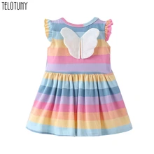 Платье telotuny для девочек; платье в радужную полоску с рюшами и крыльями для девочек; повседневная одежда для сестер; Детские платья для девочек; сезон лето; Ropa Nina