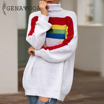 

Genayooa Long Loose Vogue Knit Turtleneck Sweater Long Pink Sweater Women Cashmere Sweaters Pullovers Rainbow Jumper Winter