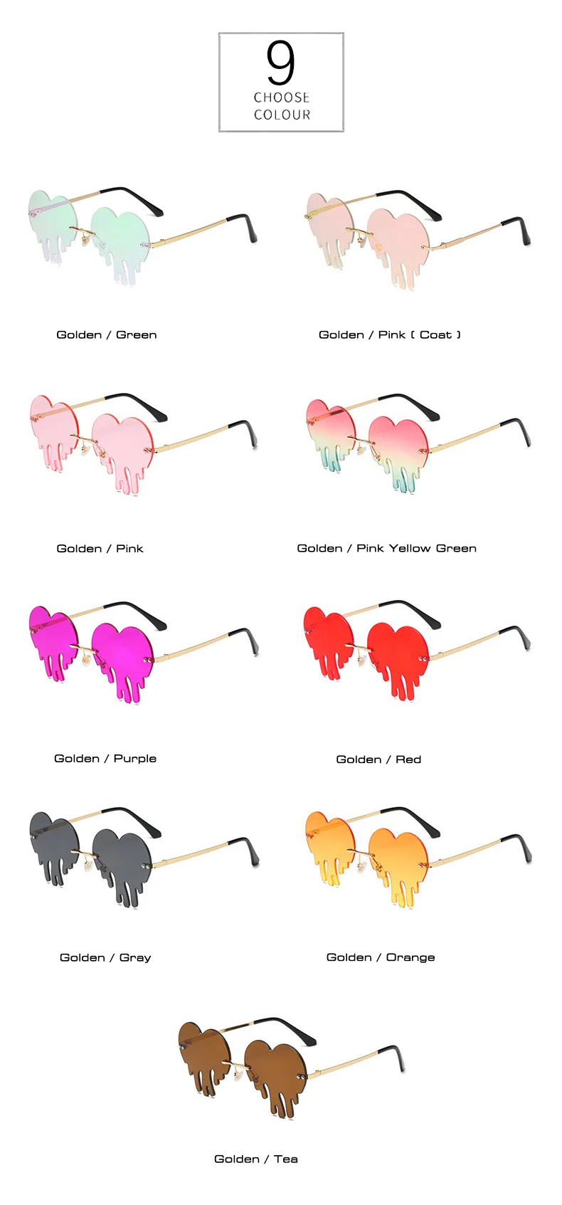 SO&EI Fashion Unique Love Heart Tear Shape Sunglasses Women Colorful Rimless Eyewear Vintage Clear Ocean Lens Female Sun Glasses big cat eye sunglasses