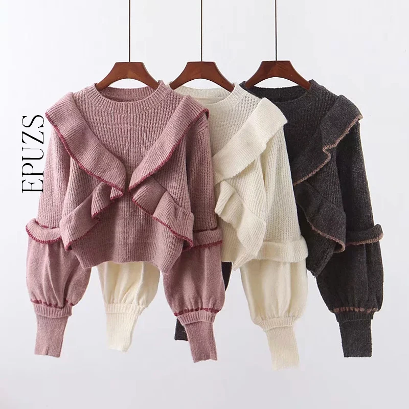 Winter ruffles knitted sweater women pullovers casual long sleeve white chic crop sweaters tops | Женская одежда