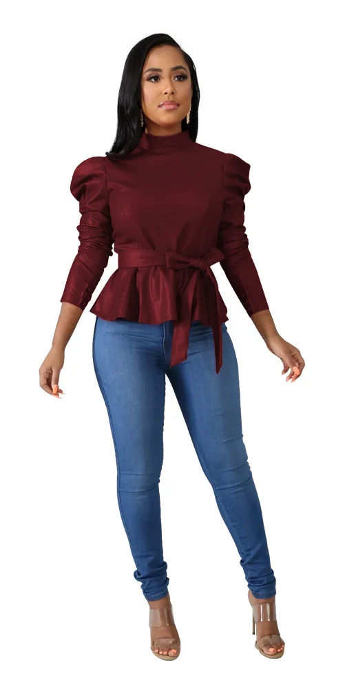 burgundy tops Adogirl/однотонный топ с баской из искусственной кожи; коллекция года; сезон осень-зима; водолазка с длинными рукавами-фонариками; Модная Повседневная рубашка с поясом; женская одежда - Цвет: burgundy tops