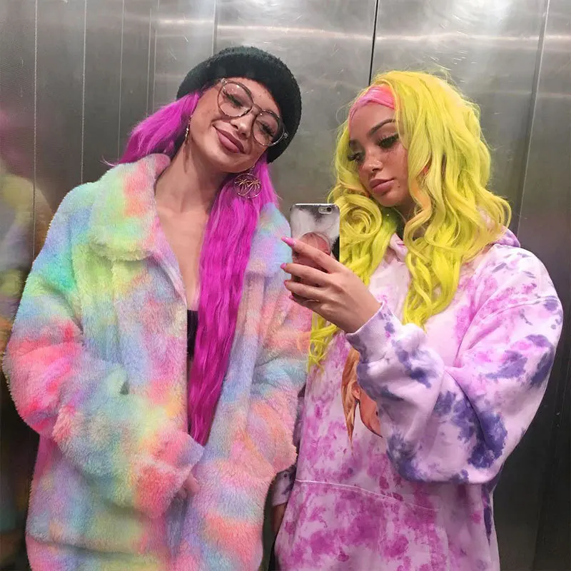 Greatest  BOOFEENAA Winter Rainbow Tie Dye Teddy Coats and Jackets Women Streetwear Faux Fur Polar Fleece Plu