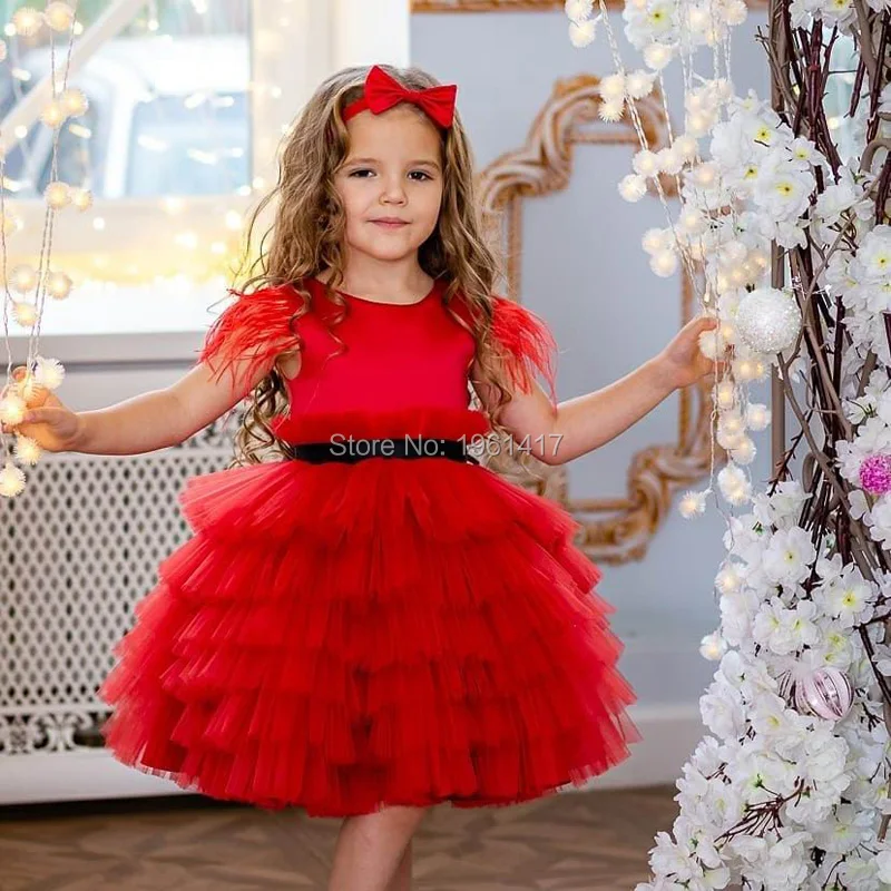 Red Tulle Baby Girl Dress Baptism Dress for Infant 1 Year Birthday