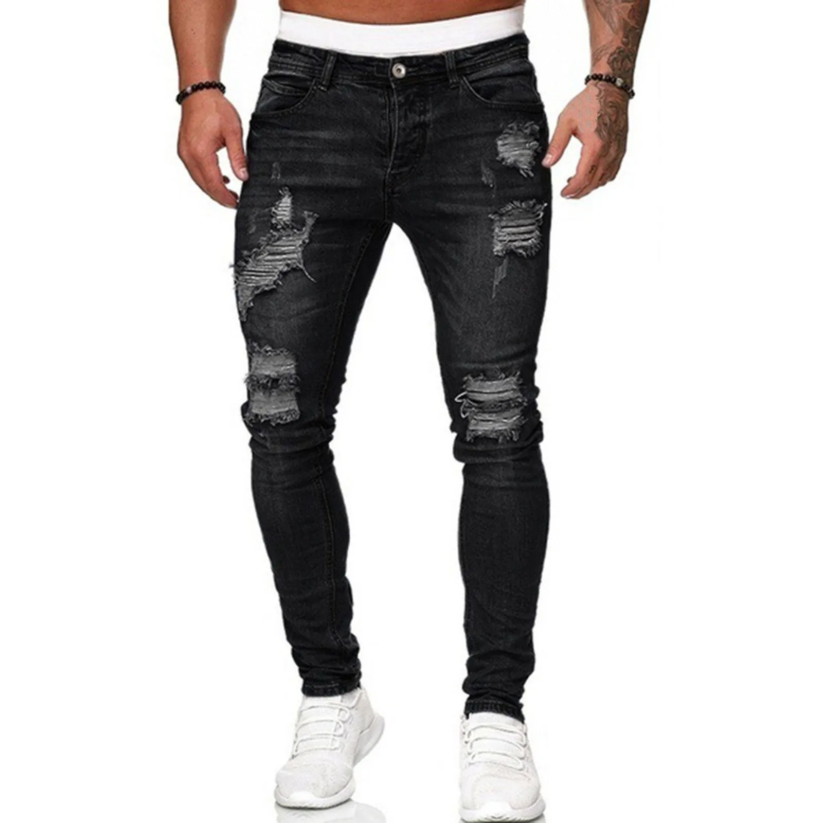 Hip Hop Pant Men Jeans Solid Color Ripped Holes Frayed Gradient Washed Trousers Casual Style Men Jeans Мужские Джинсы #01 2