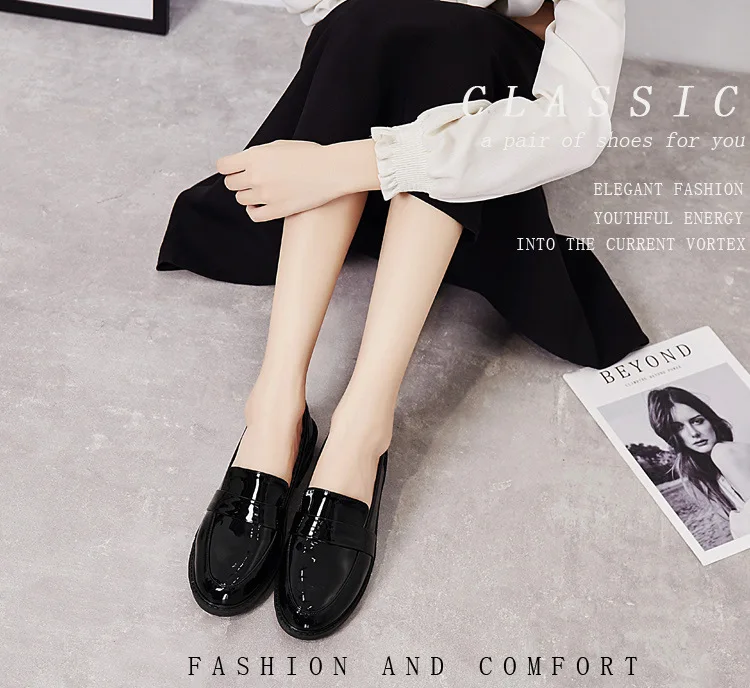 34-40 size glitter black small leather shoes solid Korean student slip on moccasins patent leather flat chunky brand derby shoes