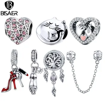 

BISAER Animal Beads Silver Color Copper Little Cat Bear Beads Heart Wave Charms fit Bracelets Vintage DIY Jewelry Accessories