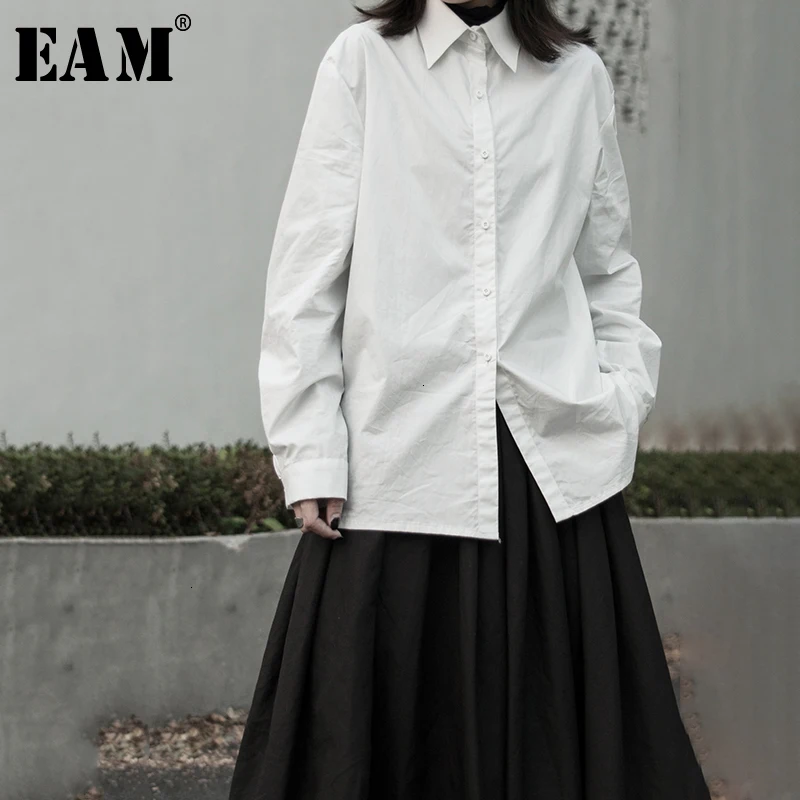[EAM] Women White Cotton Temperament Blouse New Lapel Long Sleeve Loose Fit Shirt Fashion Tide Spring Autumn 1K492