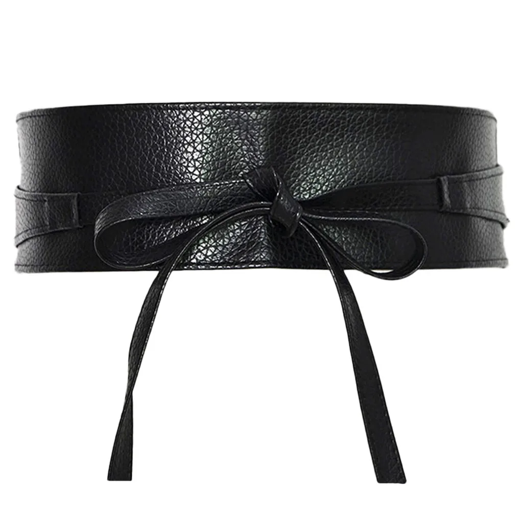 Черный Ultra Wide Women Belt For Dress Solid Leather Bandage Bow Belt Cummerbund Waist Strap Belt ceinture large femme brede riem#L - Цвет: Черный
