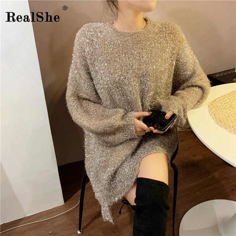 RealShe кашемировый женский свитер, круглый вырез, длинный рукав, Одноцветный ассиметричный женский свитер, весенние повседневные осенние свитера для женщин