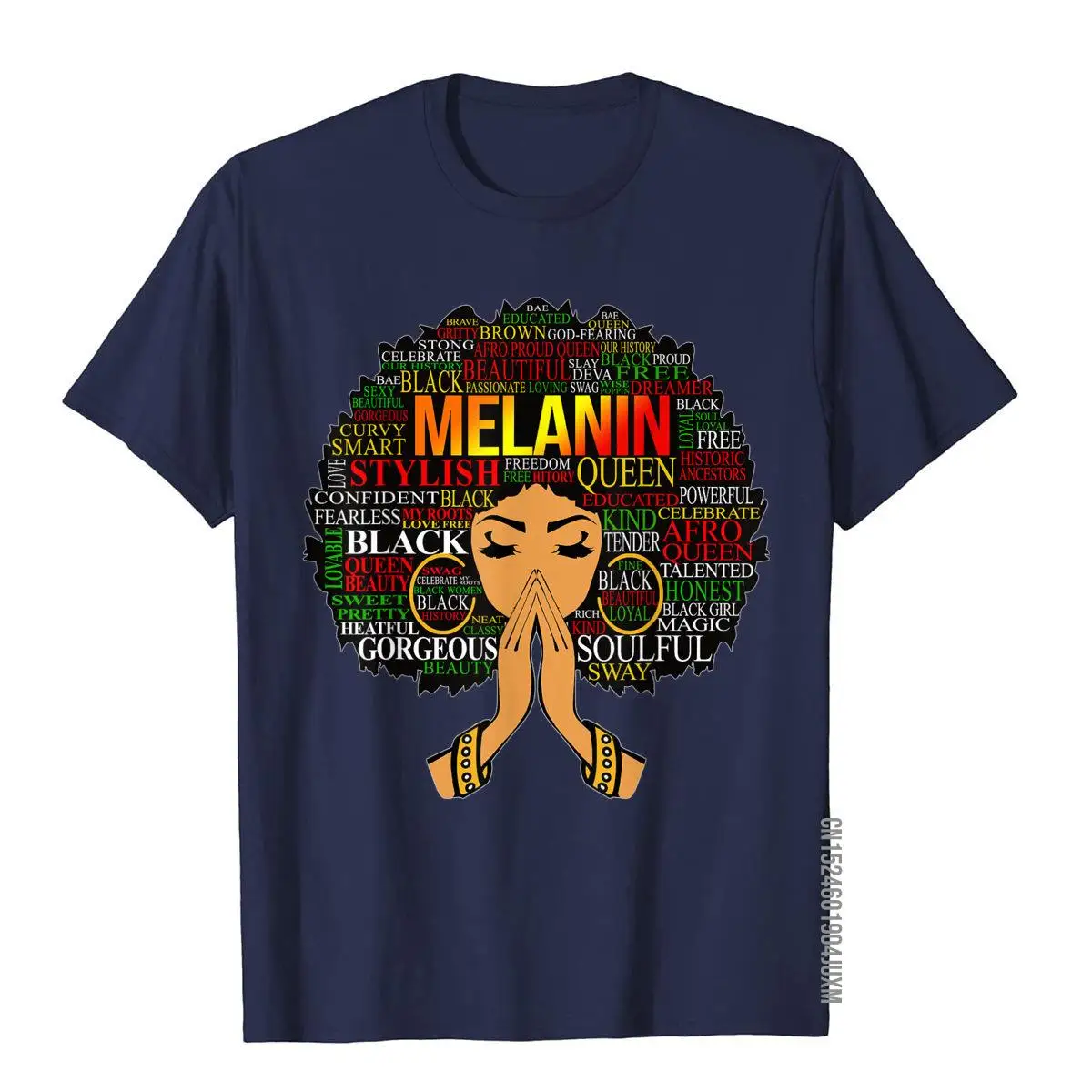 Melanin Words Art T-Shirt Afro Natural Hair Black Queen Gift__97A595navy