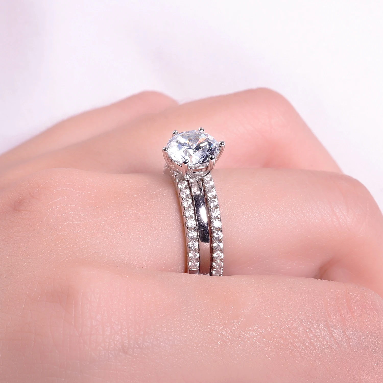 

GEM'S BALLET 925 Sterling Silver 6 Prong Moissanite Bridal Set Wedding Jewelry 3 band Stacking Solitaire Ring 2.0Ct 8mm EF Color