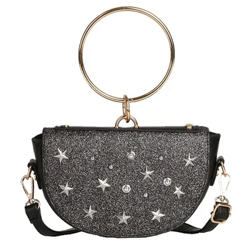 

Fashion Sequin Star Badge Metal Ring Handbags Female Saddle Bag Tote Crossbody Mini Messenger Bag For Women Handbag Ladies Purse