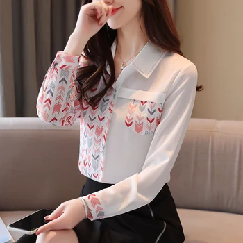 

COIGARSAM Fashion Full Shirt Womens tops New Print Chiffon Women shirts Short-sleeved White Long Sleeve 9111